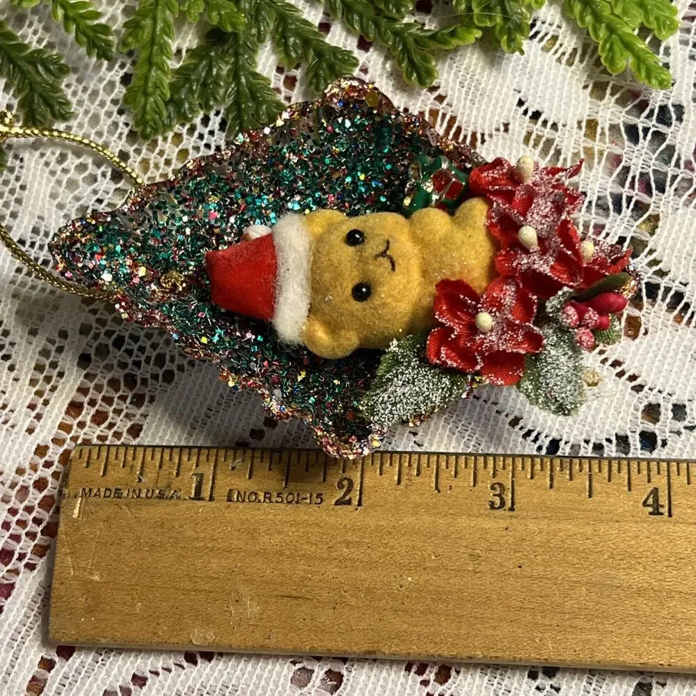 Vintage Diamond Tart Tin Flocked Fuzzy Bear Diorama Mid Century Glitter Ornament